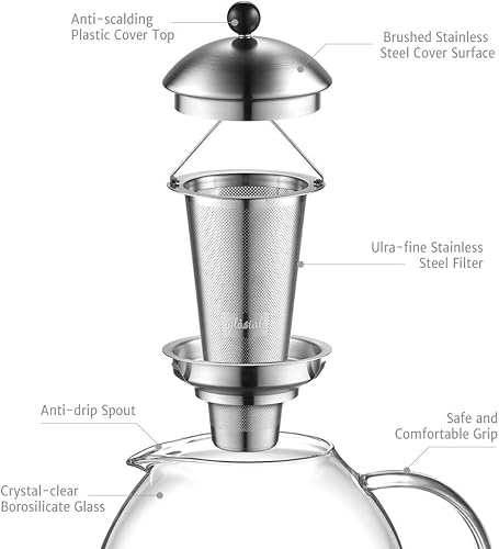Miniatura 2 de glastal Tetera de vidrio grande XL de 67 onzas con infusor apta para estufa, teteras para vaso de té suelto, tetera de vidrio para estufa, tetera