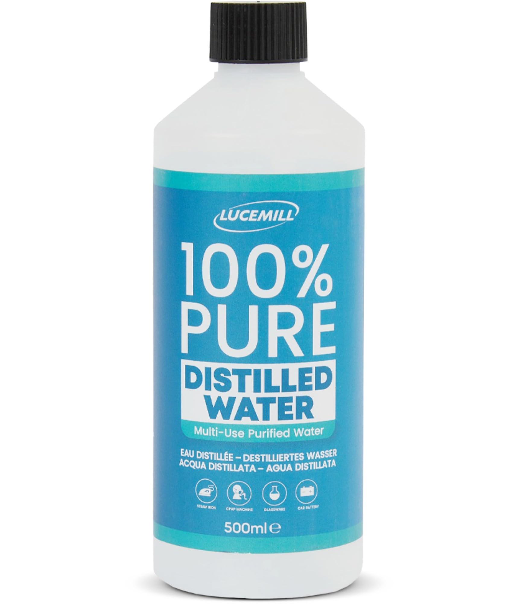 Lucemill Distilled Water | 500ml | Pure Distilled Water for CPAP Machines, Medical Devices, Steam Cleaners and Irons | UK Made