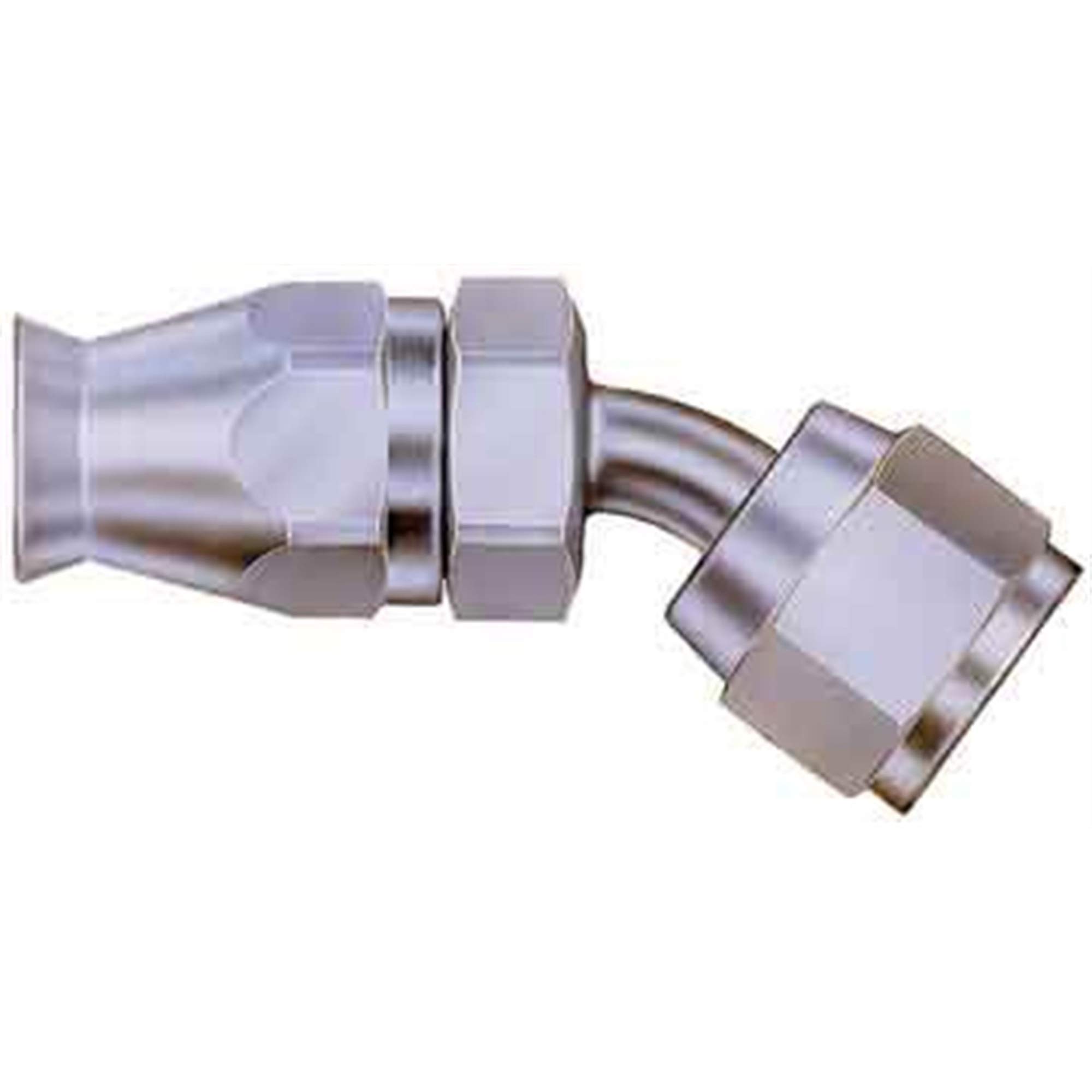 Aeroquip Fitting, Hose End, PTFE Racing Hose, 45 Degree, 6 AN Hose to 6 AN Female, Steel, Natural, Each
