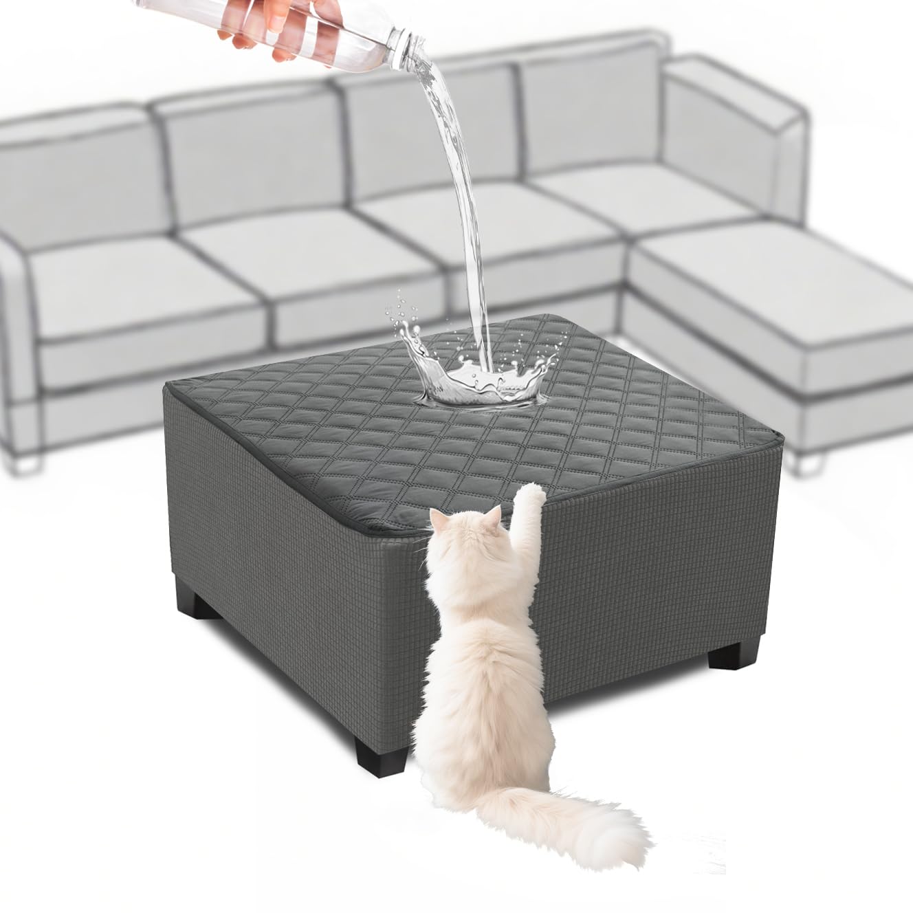 SYLC Ottoman Cover Square/Rectangle, Waterproof Footstool Cover Pouffe Cover, Washable Slipcover for Folding Storage Footrest Protector for Dogs Pets (Grey+Light grey,Square S)