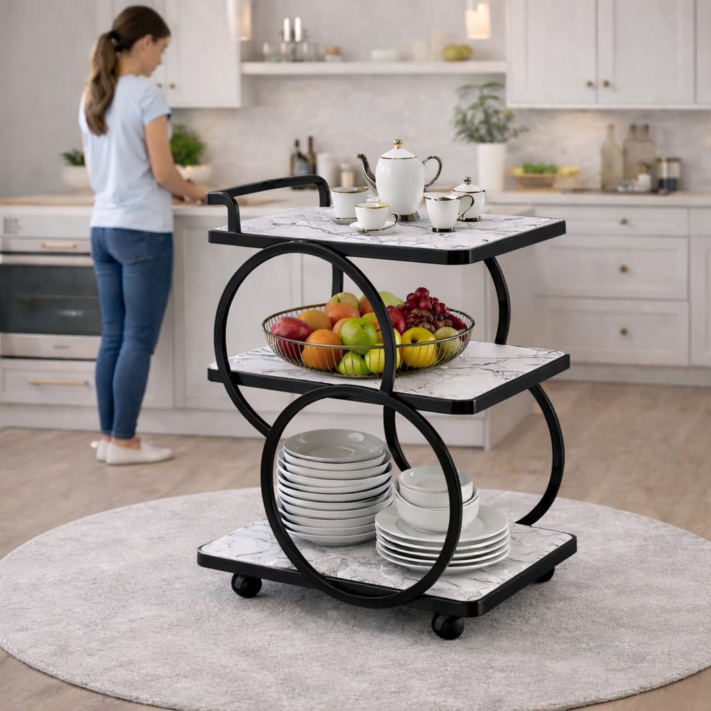 End Table Bar Trolley 3-Tier Metal Serving Trolley with Gold Elegant Home and Restaurant Mobile Cart for Effortless Food Serving Coffee Table for Living Room & Bedroom Decor (Black White)