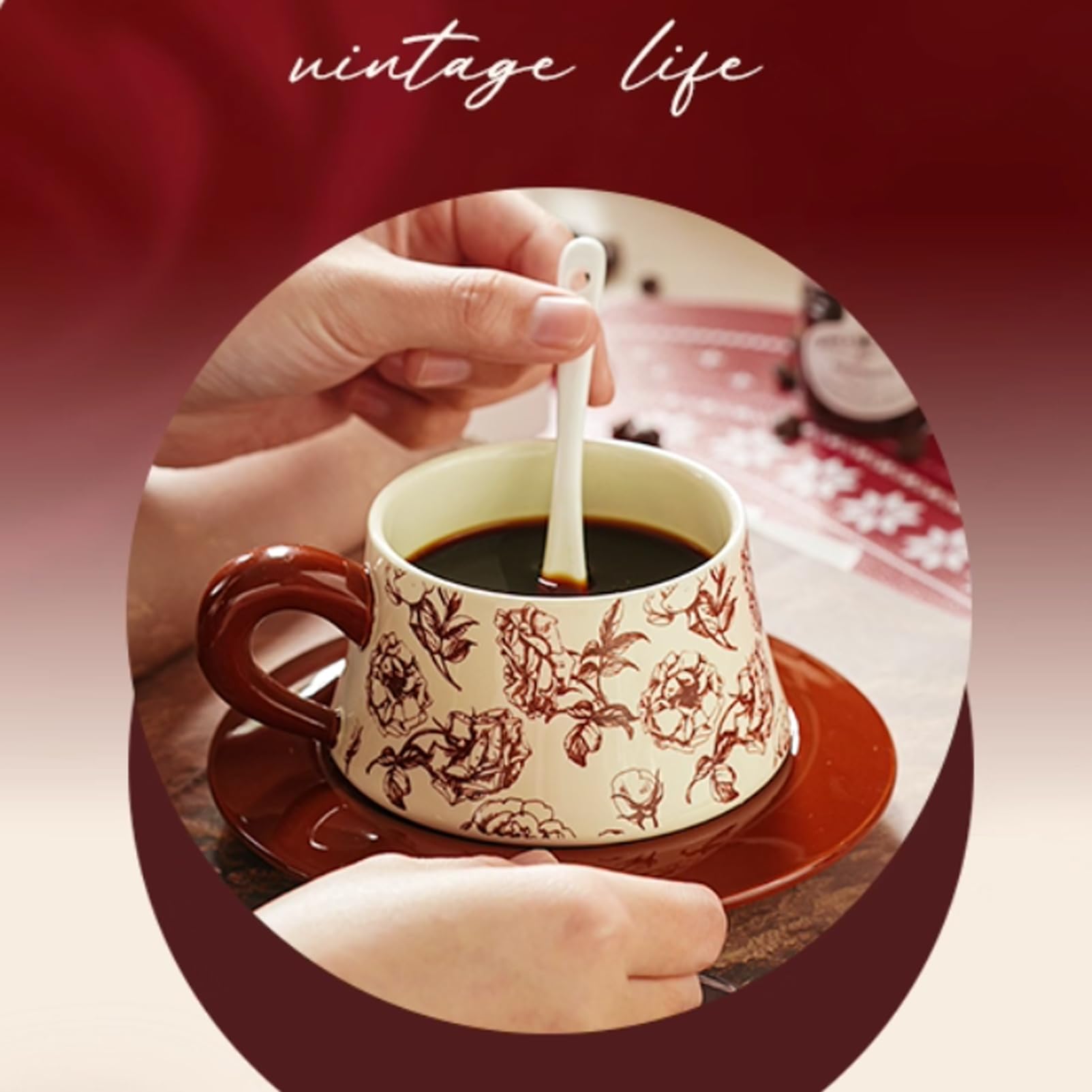 Ceramiczne kubki do kawy w stylu vintage, zestaw 6 sztuk, retro kubki z kwiatowym nadrukiem, nadają się do kuchenki mikrofalowej, idealne na poranną kawę i herbatę, prezent dla miłośników kawy