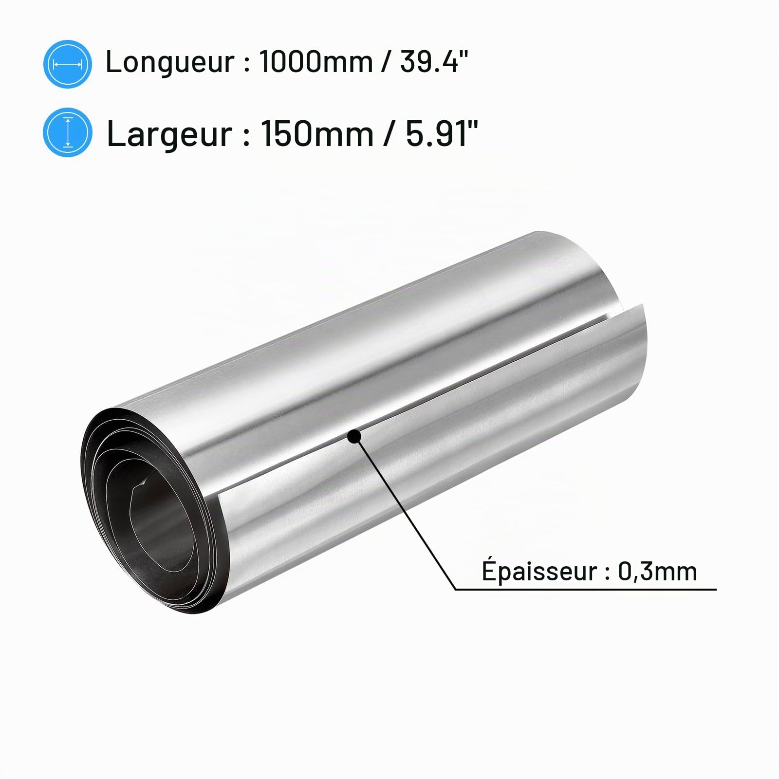 sourcing map Rouleau de Feuille en Acier Inoxydable 304, 0,3 mm x 150 mm x 1 M, Finition Polie, Plaque de Métal Pour L'Artisanat, L'Équipement Électronique, Ton Argenté