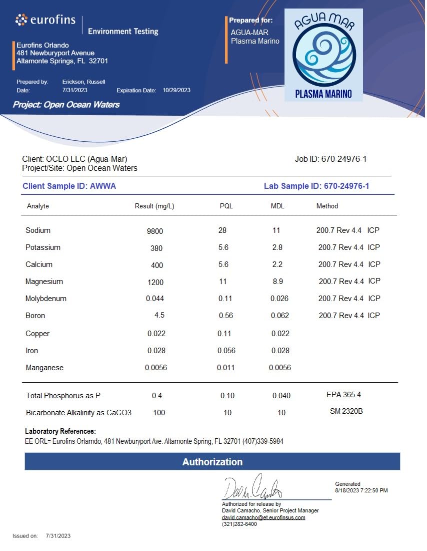 Back label of Plasma Marino Hypertonic Sea Water bottle with product details