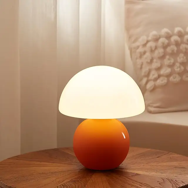 Mid Century Mushroom Table Lamp - Orange Hand-Blown Glass & Ceramic