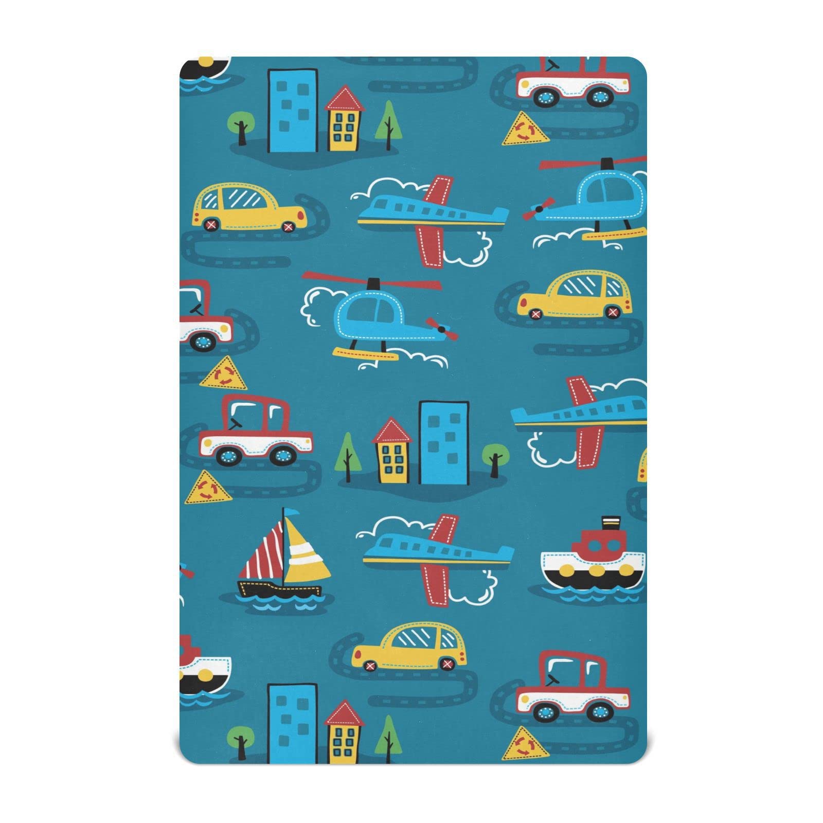 KICPOAY Fitted Crib Sheets Blue Car Transportation Stretchy Portable Playard Sheets for Baby Toddler, Breathable Soft Mini Crib Mattress 39 x 27 in for Boys and Girls