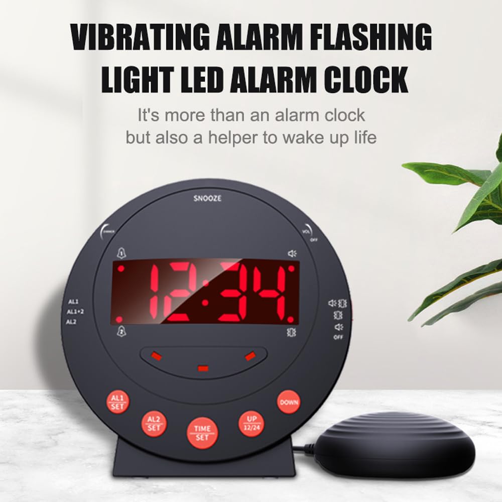 Reloj despertador con vibración fuerte para personas sordas/dormidores pesados/discapacitados auditivos/ancianos, con luz de flash que sacude la cama Brillo ajustable Snooze Doble ajuste de alarma Pan