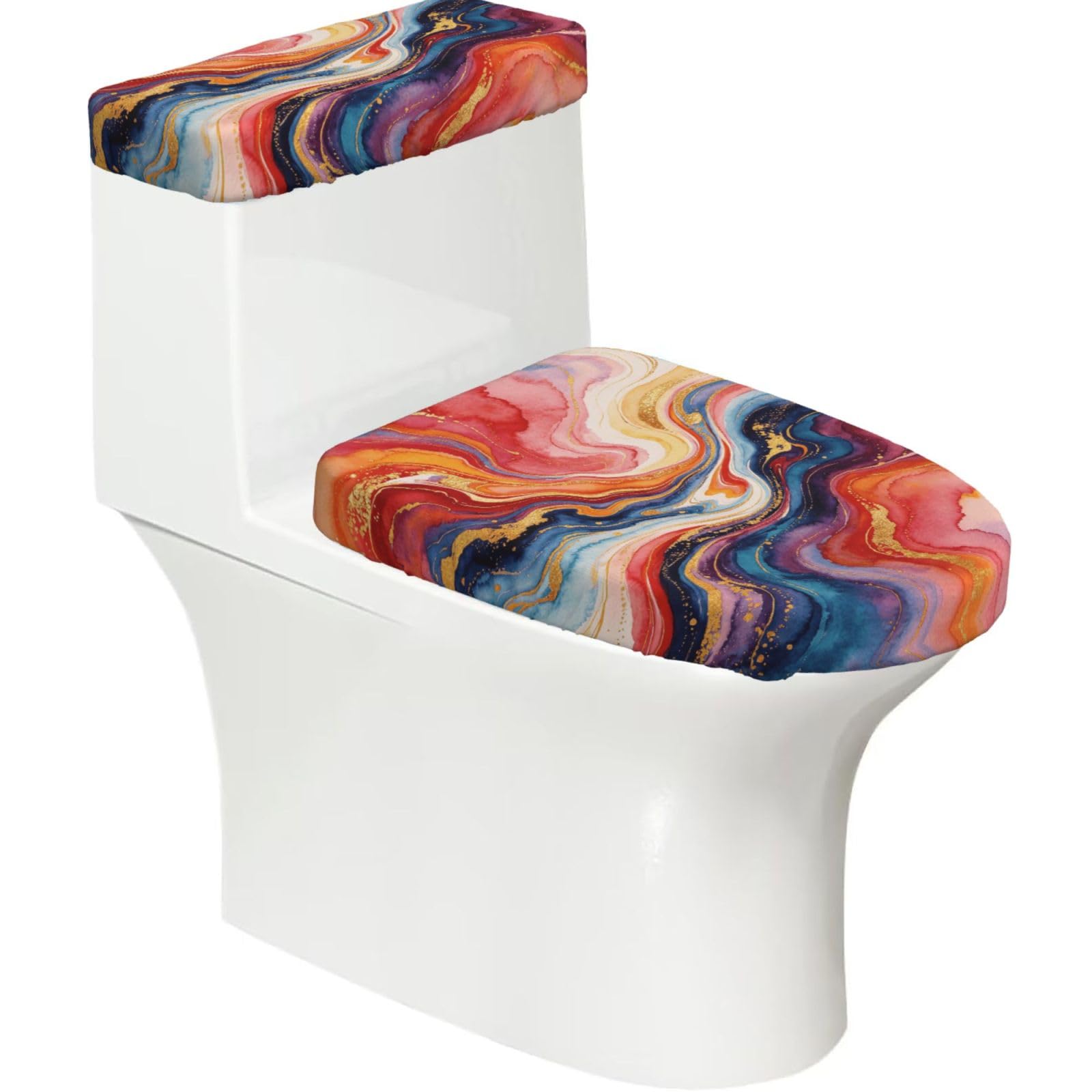 Marble Wash Elastic Toilet Cover Set of 2-Stretchy Lid and Tank Covers for Bathroom, Soft Washable U Shape Toilet Decor