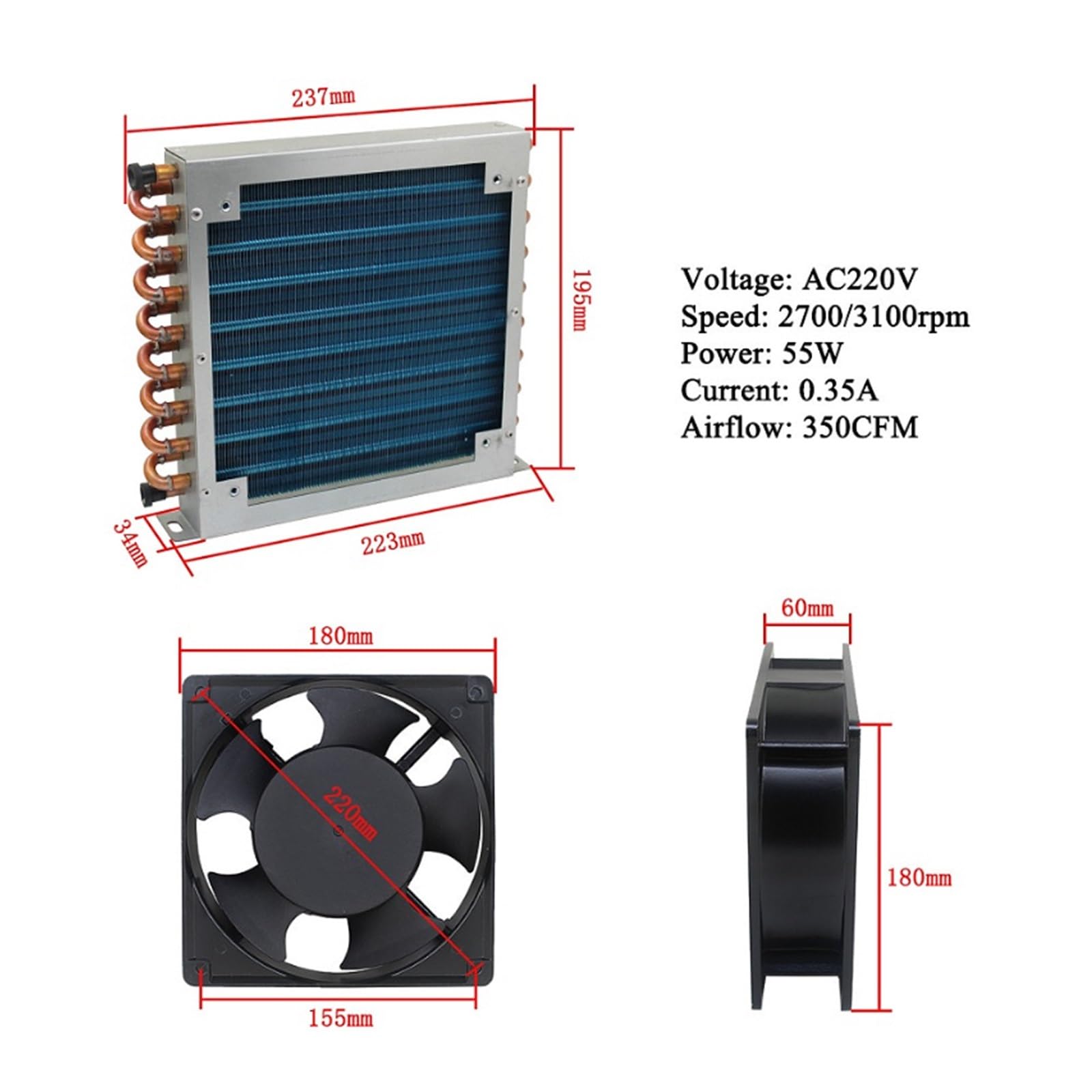 Réfrigérateur congélateur petit radiateur à condensateur avec ventilateur