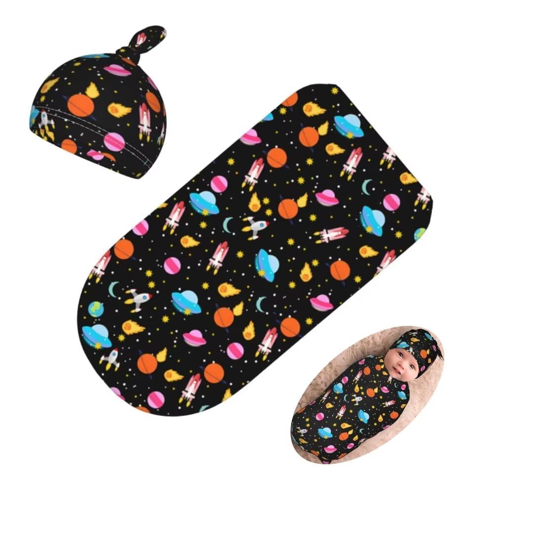 Space Galaxy Newborn Swaddling Blanket Beanie Hat Sets Soft Baby Receiving Funny Constellation Blanket Soft Sleeping Bag New Born Soft Sleep Sacks for Boys Girls