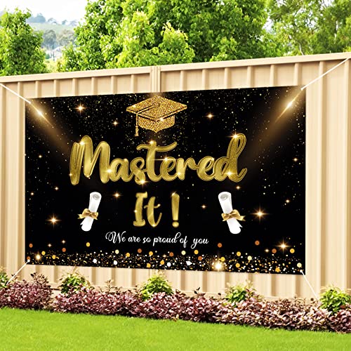 Labakita Mastered It Backdrop Banner Masters Graduation Decorations Masters Degree Graduation Banner Grad Party Decorations 2026 Indoor OutdoorBlack and Gold