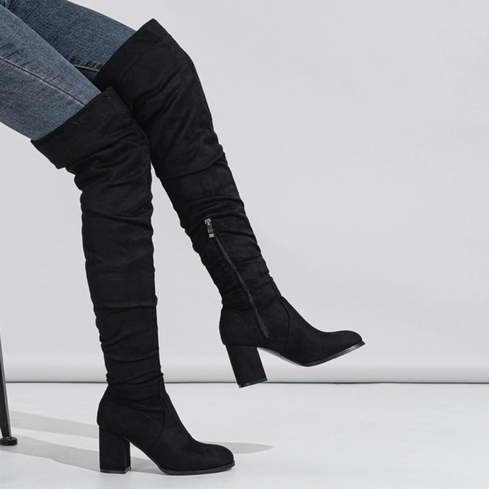 Botas de Invierno Mujer Zapatos de Mujer Moda hasta la Rodilla Botas largas Tacones Gruesos sobre la Rodilla largas Gamuza Plisada
