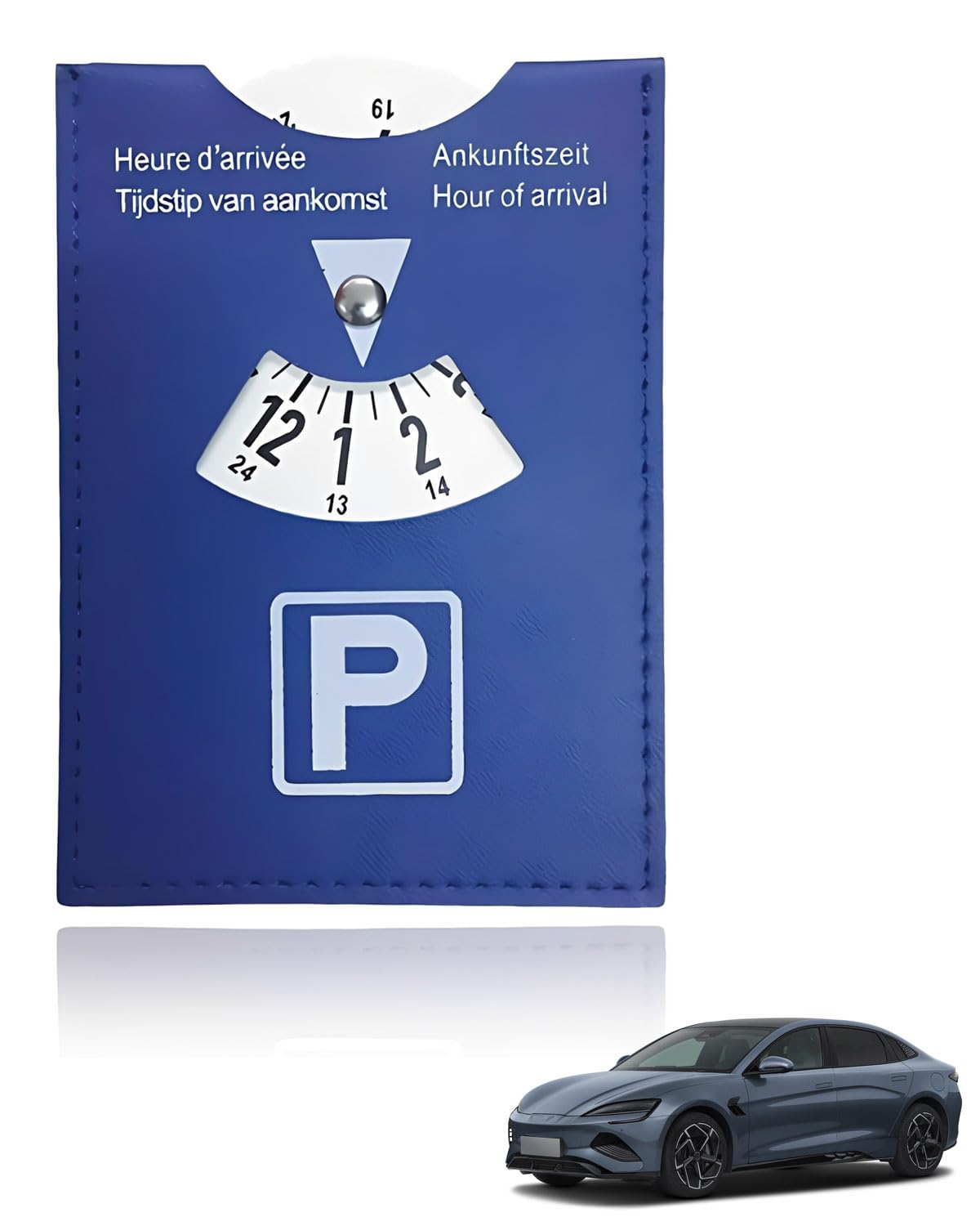 GRETY Disco Horario de Lujo Grande para Estacionamiento, Modelo Europeo Multilingüe, en Cuero Sintético Suave al Tacto, 10x13cm, para Coche, Moto, Azul