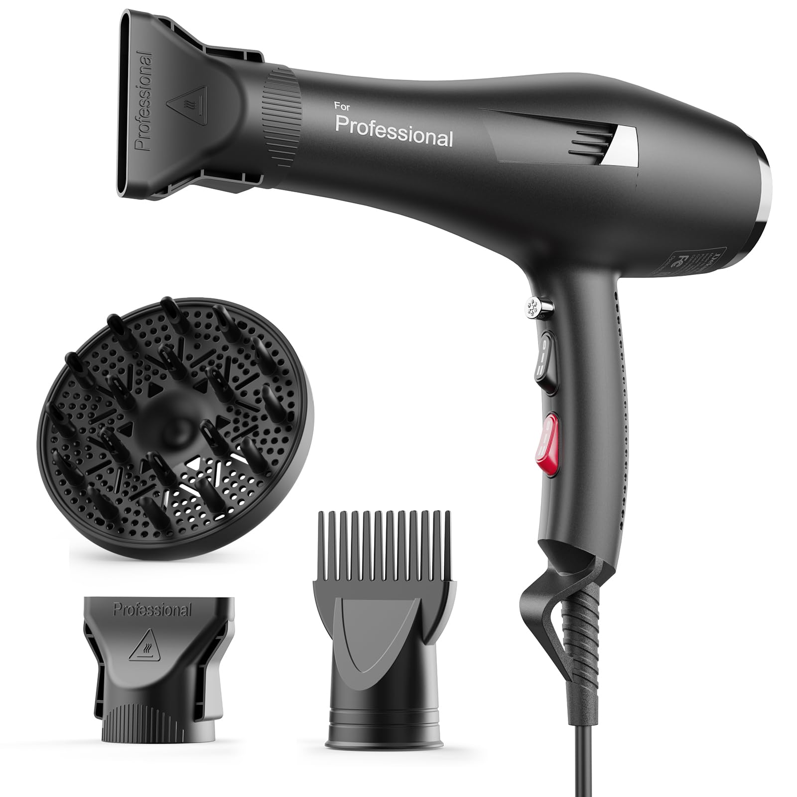 Dekuri Föhn Ionen, Profi Fön Haartrockner Hair Dryer Haarföhn mit 1 Diffusor 2 Stylingdüse, 3 Heiz und 2 Geschwindigkeitsstufen, 1,9 Meter langes Netzkabel (Anthrazit)