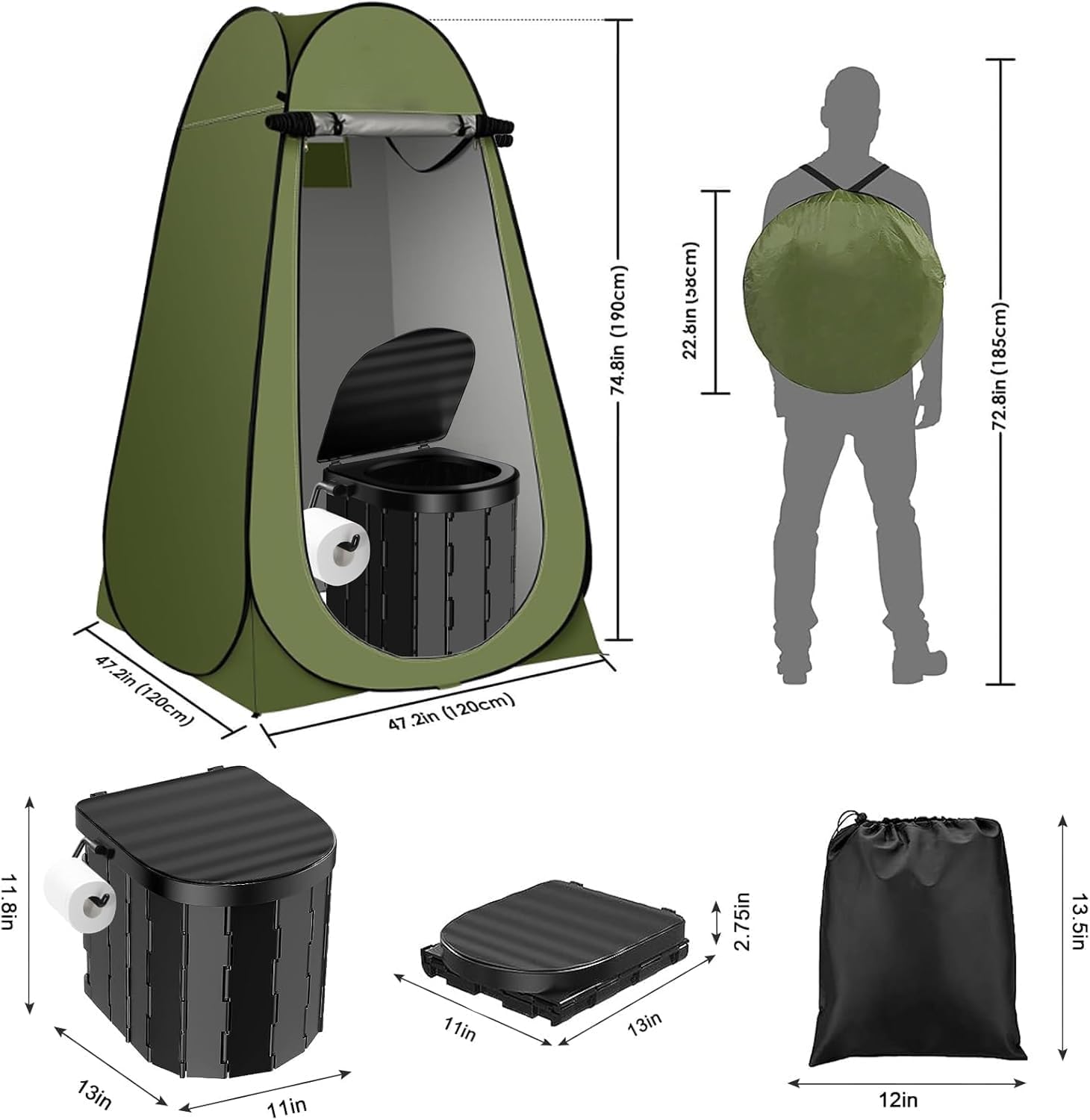 Kit de inodoro portátil, inodoro de camping con tienda de campaña retráctil y bolsa de inodoro, lavable, portátil, ducha al aire libre, vestuario para pañales