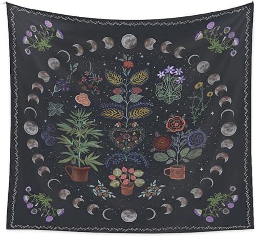 LAIMAILER Tapiz de plantas naturales tapiz divertido de mariposa bohemio tapiz de fase lunar tapiz de flores de mandala para dormitorio decoración