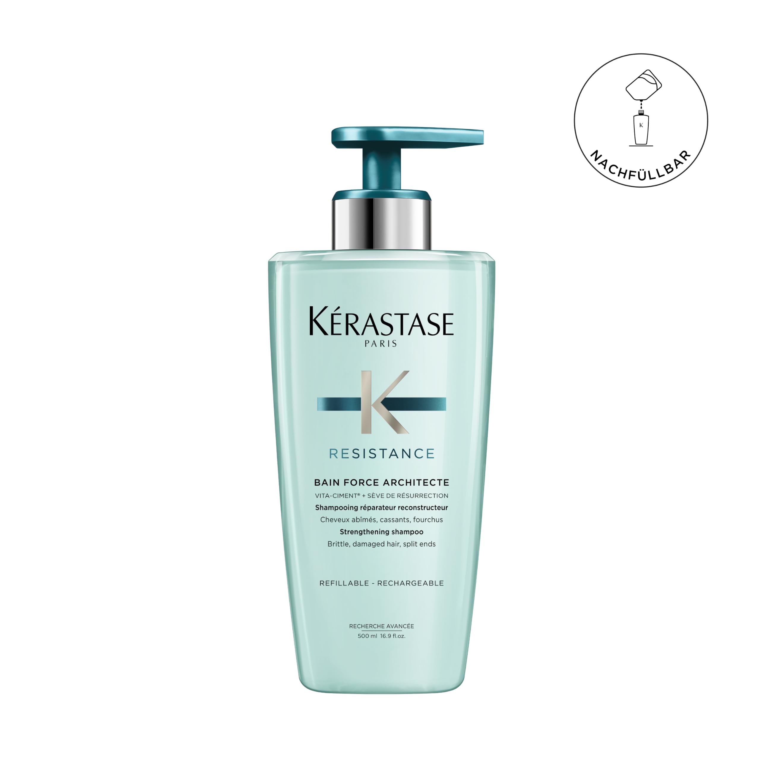 Kérastase Résistance Bain Force Architecte Nachfüllset, Regenerierendes Shampoo bei geschädigtem Haar, Enthält: Résistance Bain Force Architecte 500 ml im Pumpspender sowie 500-ml-Nachfüllpackung