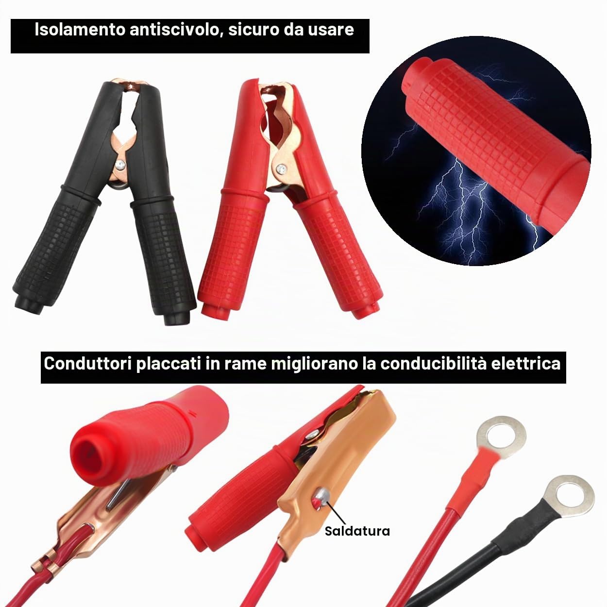 Pinze Coccodrillo 12V/24V Con Fusibile – Cavi Rame 14AWG 30A, Lunghezza 2m, Per Auto E Camion