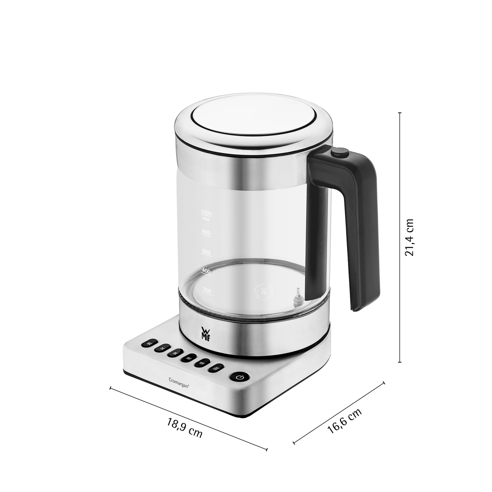 WMF Küchenminis 2 in 1 Vario Wasserkocher mit Temperatureinstellung, 1,0l, 1900 W, Teekocher Glas mit Teebeutelhalter und Sieb