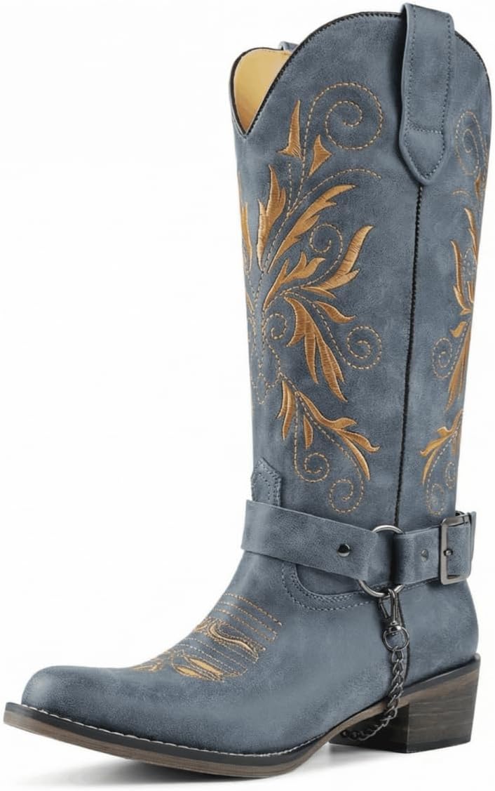 Cowboy Boots Embroidered Mid Calf Removable Belt Low Block Heel Round Toe Western Boots