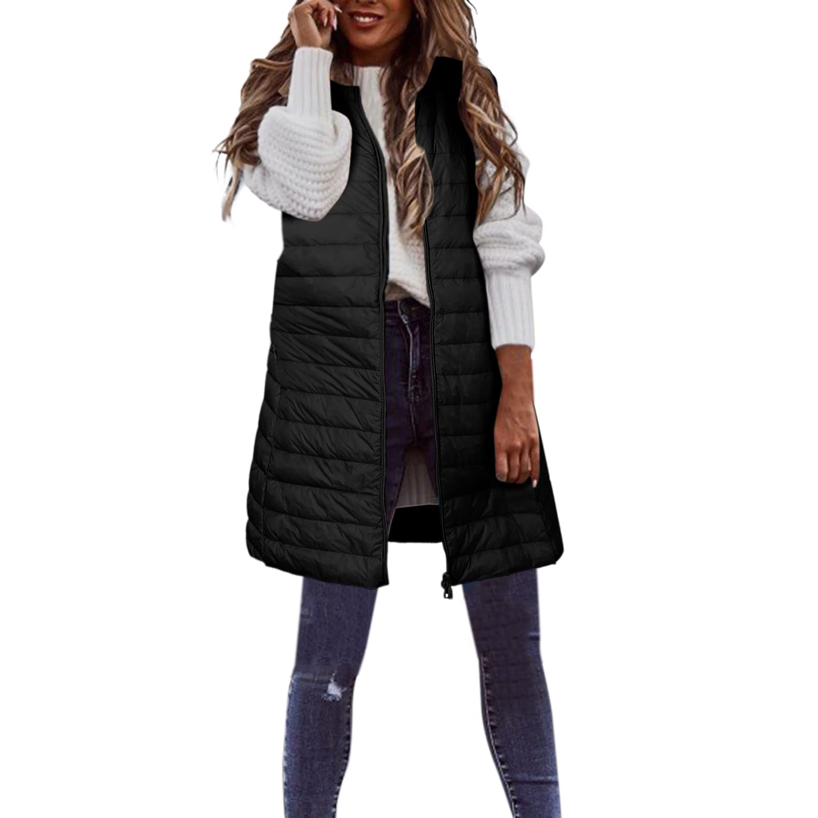 Generisch Chaqueta de invierno para mujer, chaleco de plumón, largo invierno, fino, ligero, abrigo de plumón, abrigo de plumas informal, chaqueta acolchada para exteriores, abrigo de invierno con