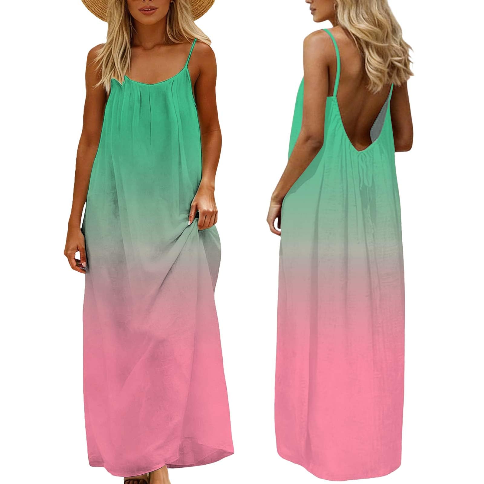Aopir Women's Spaghetti Strap Backless Maxi Dress Elegant Sleeveless Gradient Color Flowy Long Dress for Beach Vacation