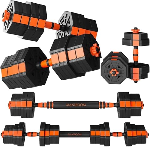 ManiBoom Juego de Pesas y Mancuernas 2 en 1 Ajustables - Juego Mancuernas 10kg - 50kg ANTIRUEDO - Juego de Pesas para Casa con Barra Ajustable y Cierres de SEGURIDAD - Kit de Ejercicio
