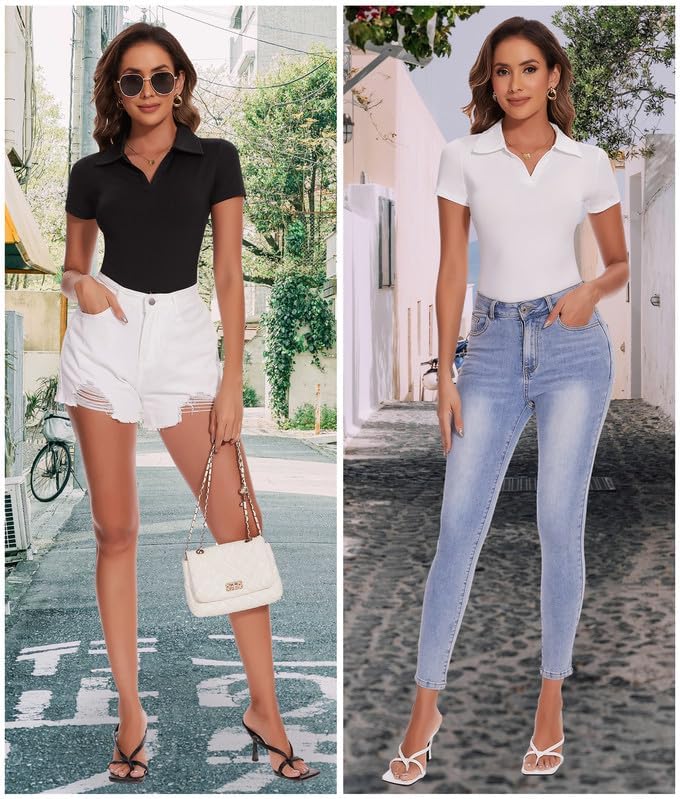 SHAPERIN Women's V Neck Polo Bodysuit Tops Long Short Sleeve Sleeveless Sexy Slim Collared Leotard - Image 3