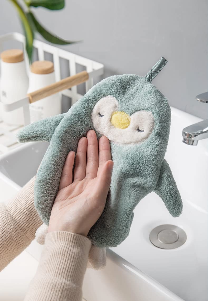 Krupanidhi Cute Penguin Shape Chenille Hand Towels with Hanging Loops Quick Dry Hand Bath Towel Children Hand Towel for Kitchen, Bathroom, Bedroom (Multicolor Pack of 3 Pcs.)