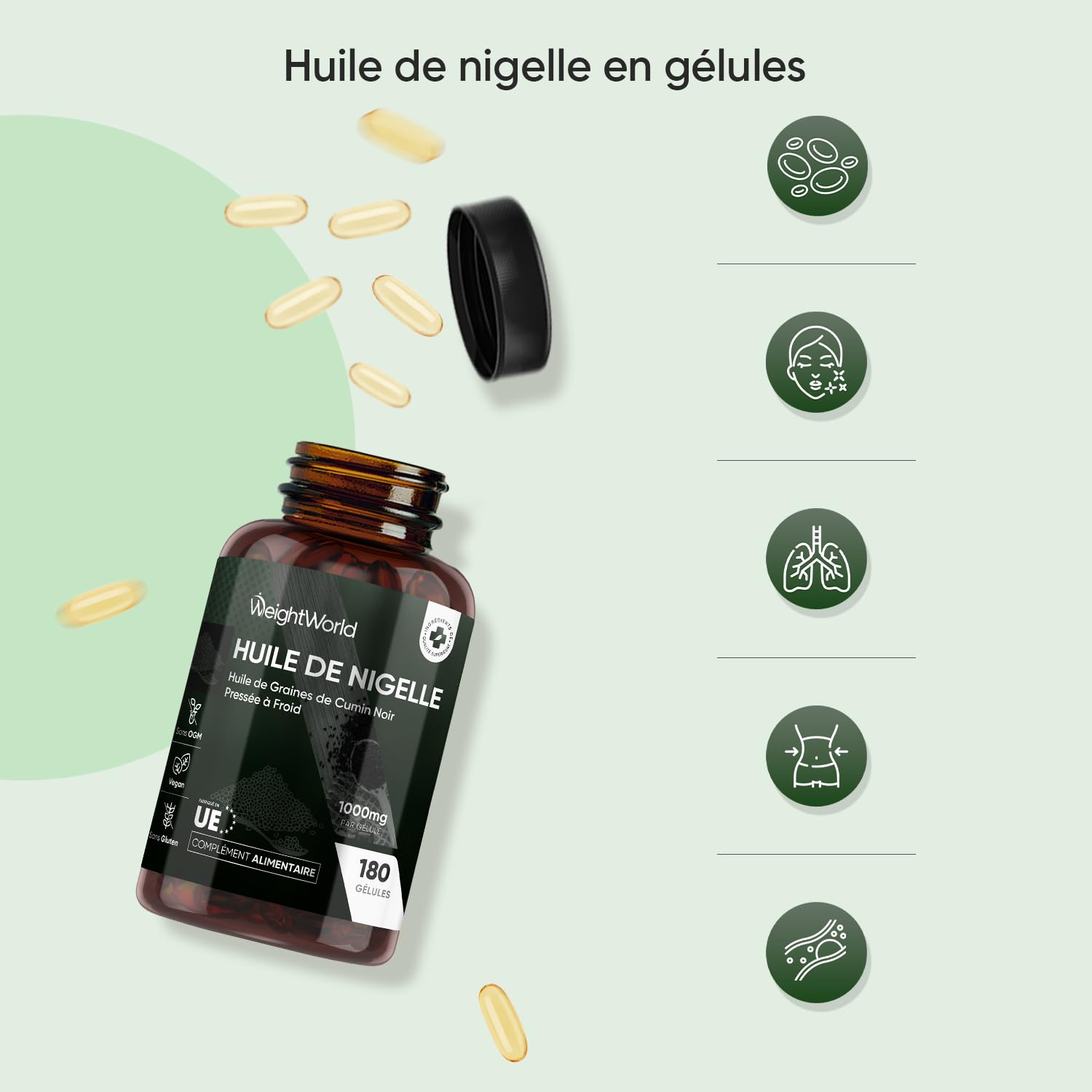 Huile de Nigelle Cumin Noir 1000mg - 180 Gélules Vegan pour 6 Mois, Huile de Graines de Cumin Noir Pressé à Froid, Poudre de Nigella Sativa, Soucre d'Omega 3, 9, Vitamine C, Minéraux, Fabriqué en UE