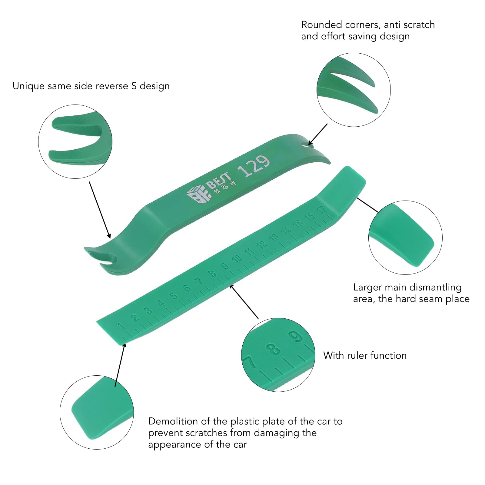 Car Trim Removal Tool Set – Straight & Curved Pry Tools, ABS Plastic, Green, For Dash & Interior Panels