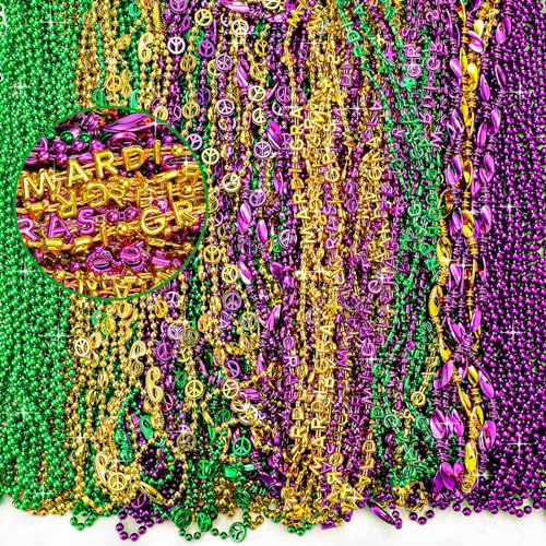 Quelay 270 Pcs Mardi Gras Beads Necklace Throws Bulk Purple Gold Green Carnival Beaded Necklaces for Parades Decoration, Mardi Gras Festivals, Masquerade Ball, Costume Party