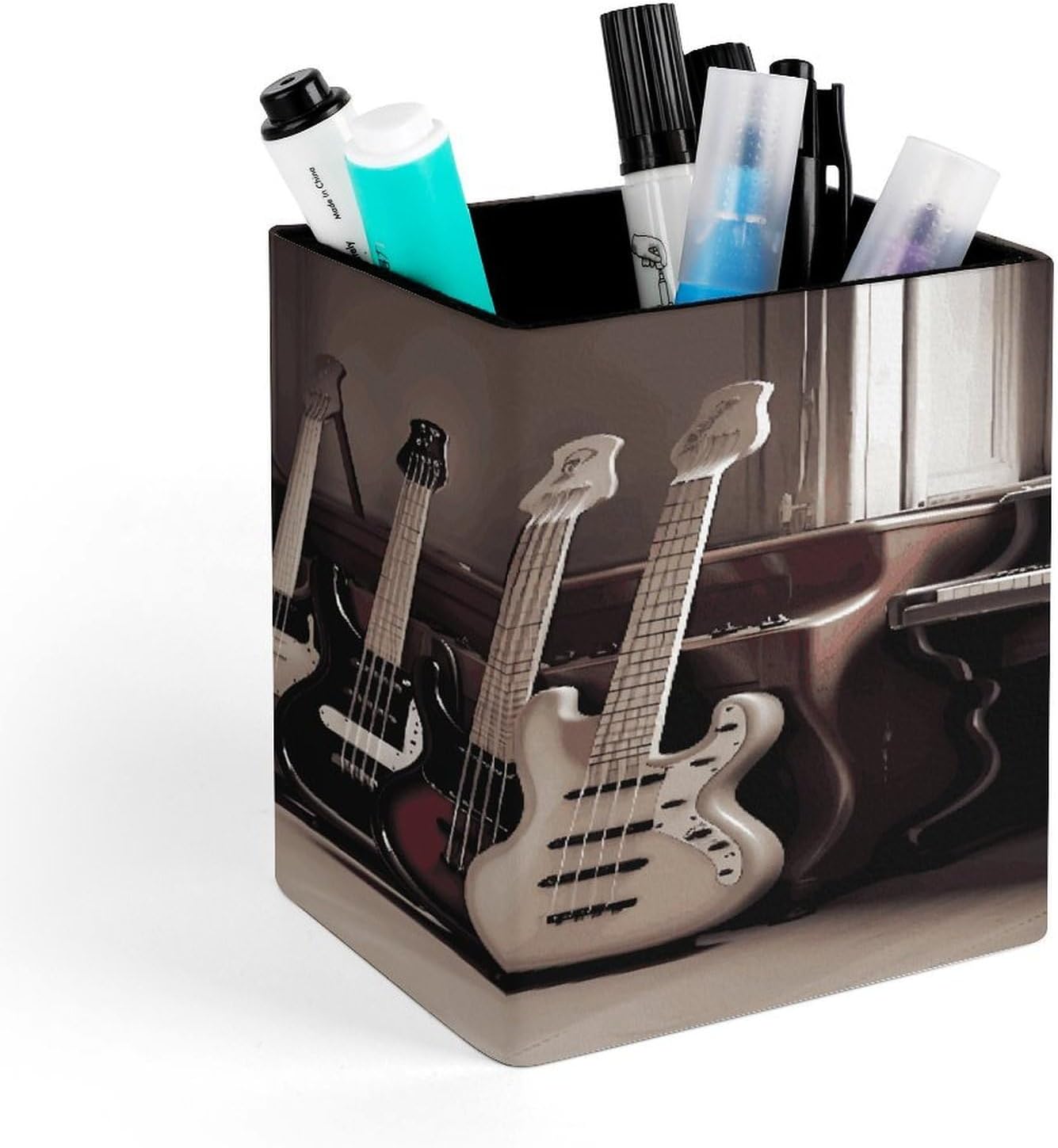 Guitar Bass Music Musical Instruments Pen Holder for Desk Minimalist Leather Pencil Holder Fashion Modern Pencil Cup Decorative Square Pen Cup Locker Organizer for Office Work Locker Accessories