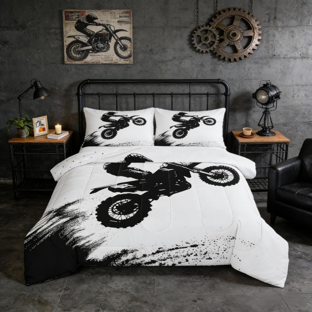 Feelyou Dirt Bike Comforter Set Twin Size Extreme Sports Comforter for Boys Girls Teens Racing Motocross Rider Bedding Set Motorcycle Duvet Set Room