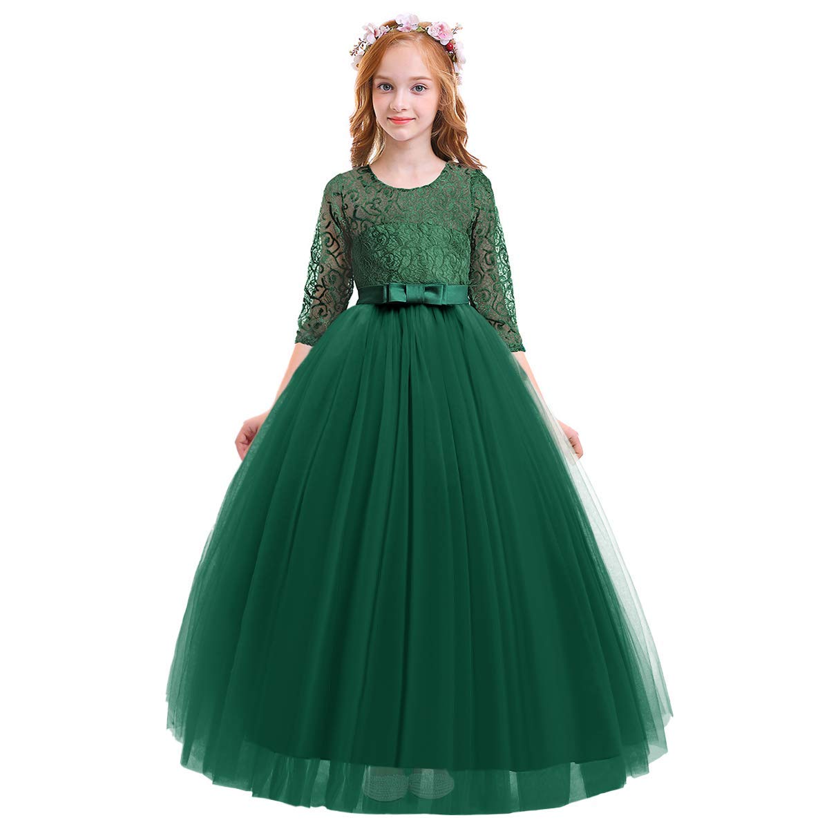 IWEMEK Flower Girls 3/4 Sleeve Floral Lace Tulle First Communion Pageant Dresses Kids Big Girls Princess Birthday Carnival Christmas Bridesmaid Wedding Party Prom Ball Gown 2-14 Years — view 7