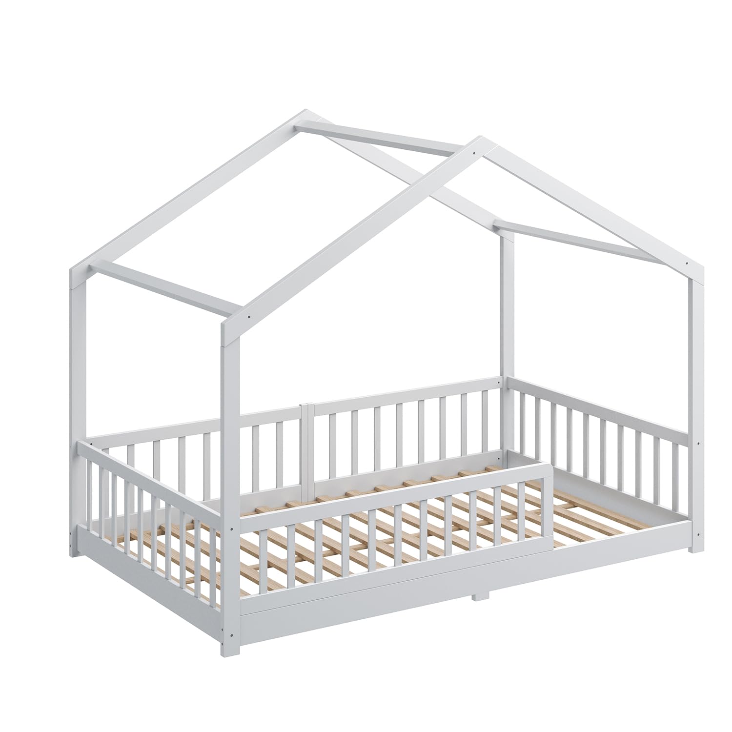 CADANI Malte Kinderbett 120x200 cm – Hausbett mit abnehmbarem Rausfallschutz, bis 200 kg belastbar, Roll-Lattenrost, Montessori Bodenbett aus Massivholz Kiefer, Weiß