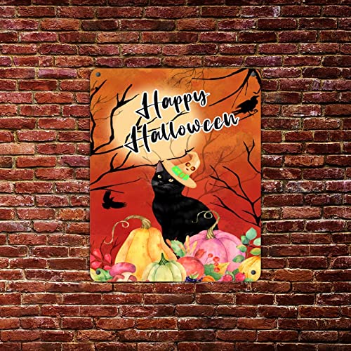 Panneau en étain Pumpkin Witch Cat déco murale rustique maison