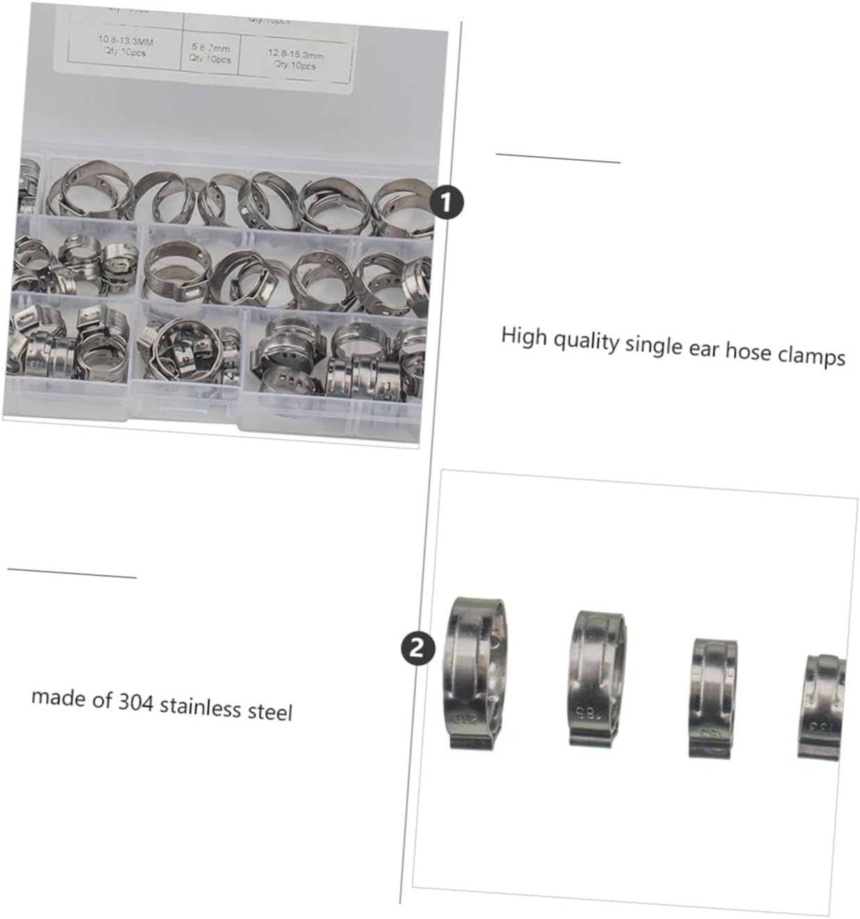 Didiseaon 80pcs Stainless Steel Single Ear Hose Clamp Set, 7 Sizes 5.8-21mm Tube Clips for Hydraulic Hose Plumbing Industrial Use