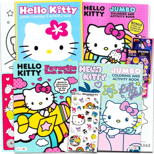 Hello Kitty Coloring and Activity Books Super Set ~ 4 Hello Kitty Books, Stickers, and Beach Kids Door Hanger | Styles May Vary