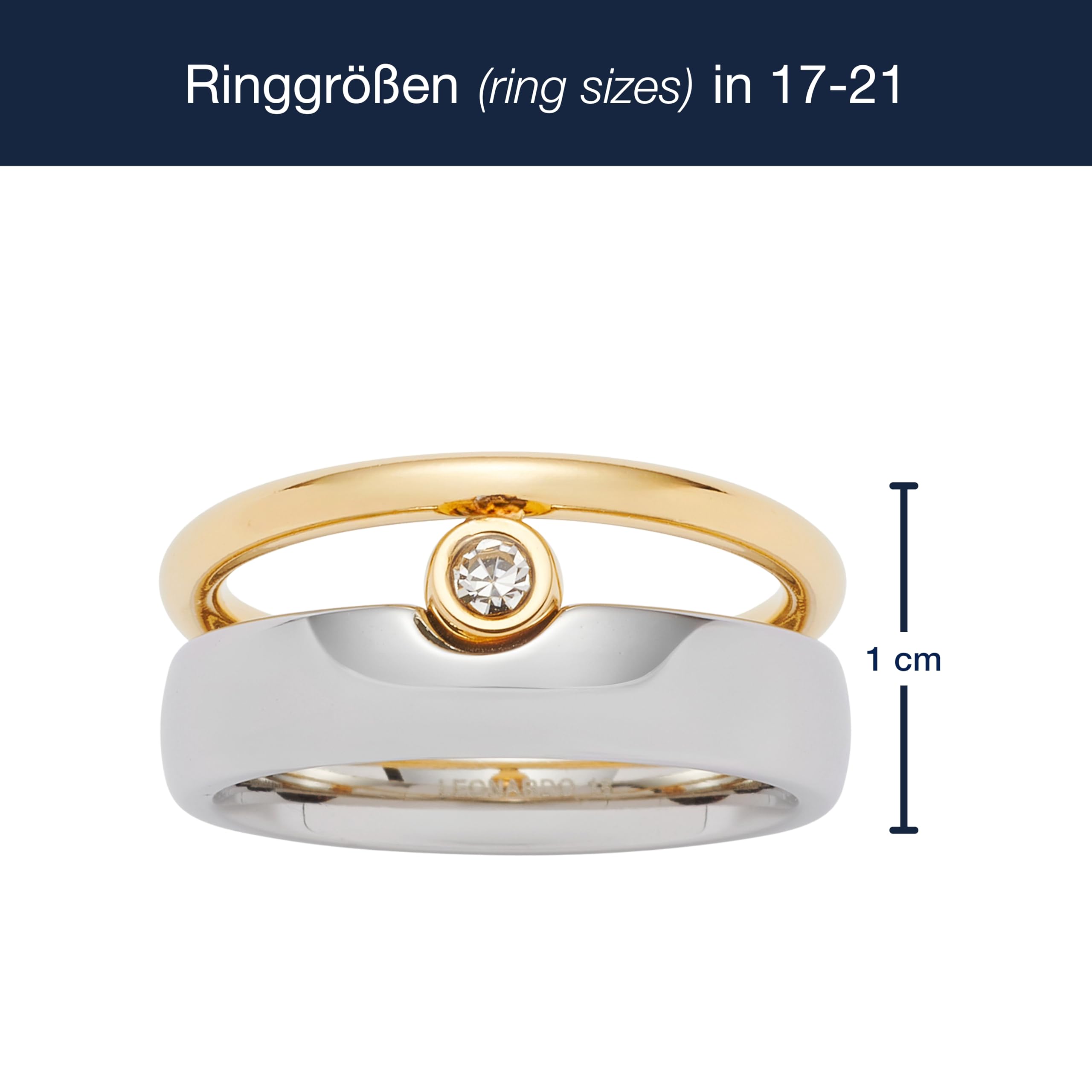 JEWELS BY LEONARDO Ring Claire • Band-Ring aus bicolorfarbenem Edelstahl • Zirkoniastein gehalten von einer goldenen- und silbernen Schiene • Gr. 18 (56) • Schmuck Geschenk für Frauen • 025396