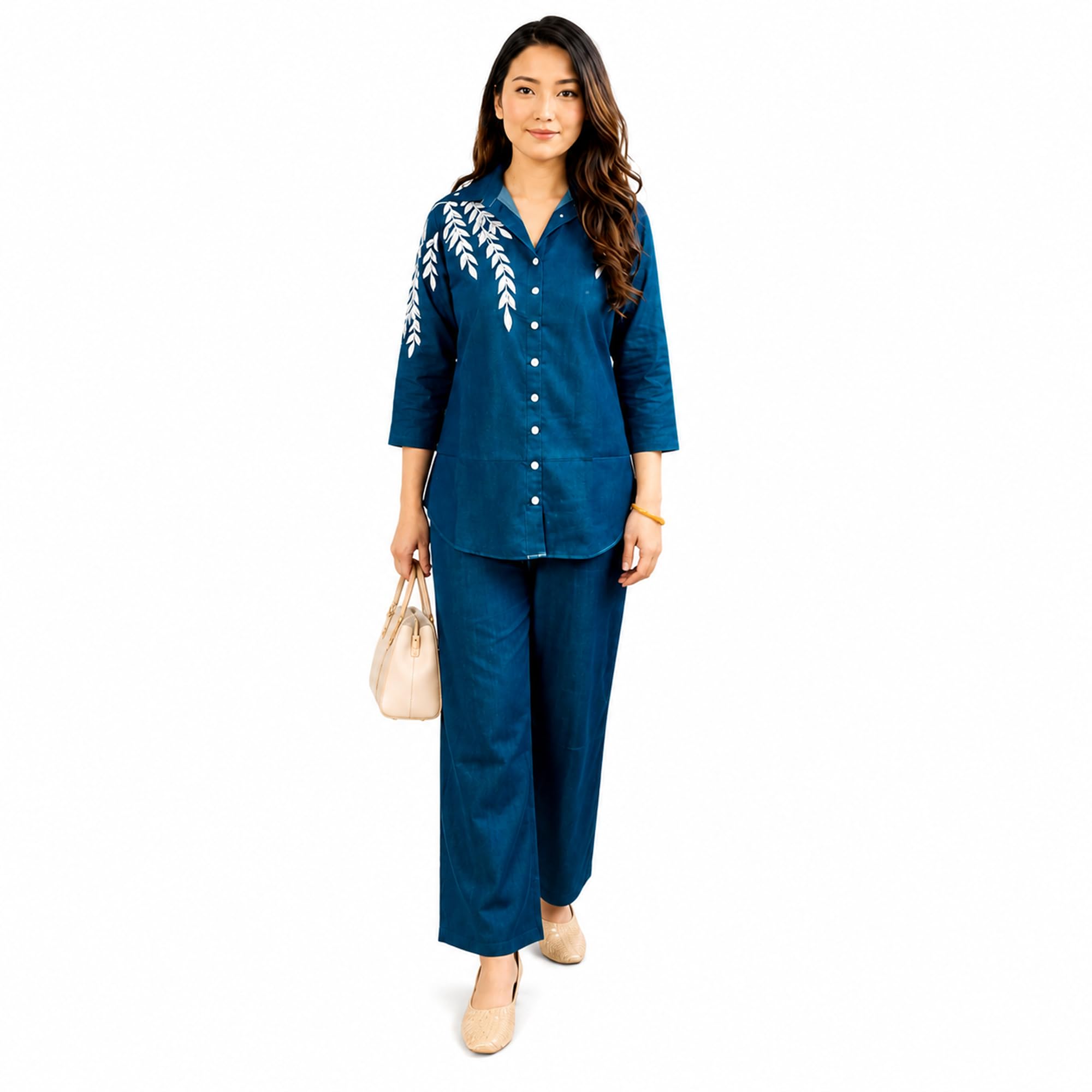Women’s Denim Cotton Co-Ord Set with Embroidery | Stylish Shirt Top & Straight Pants Set | Casual Outfit for Women (S)-image-14