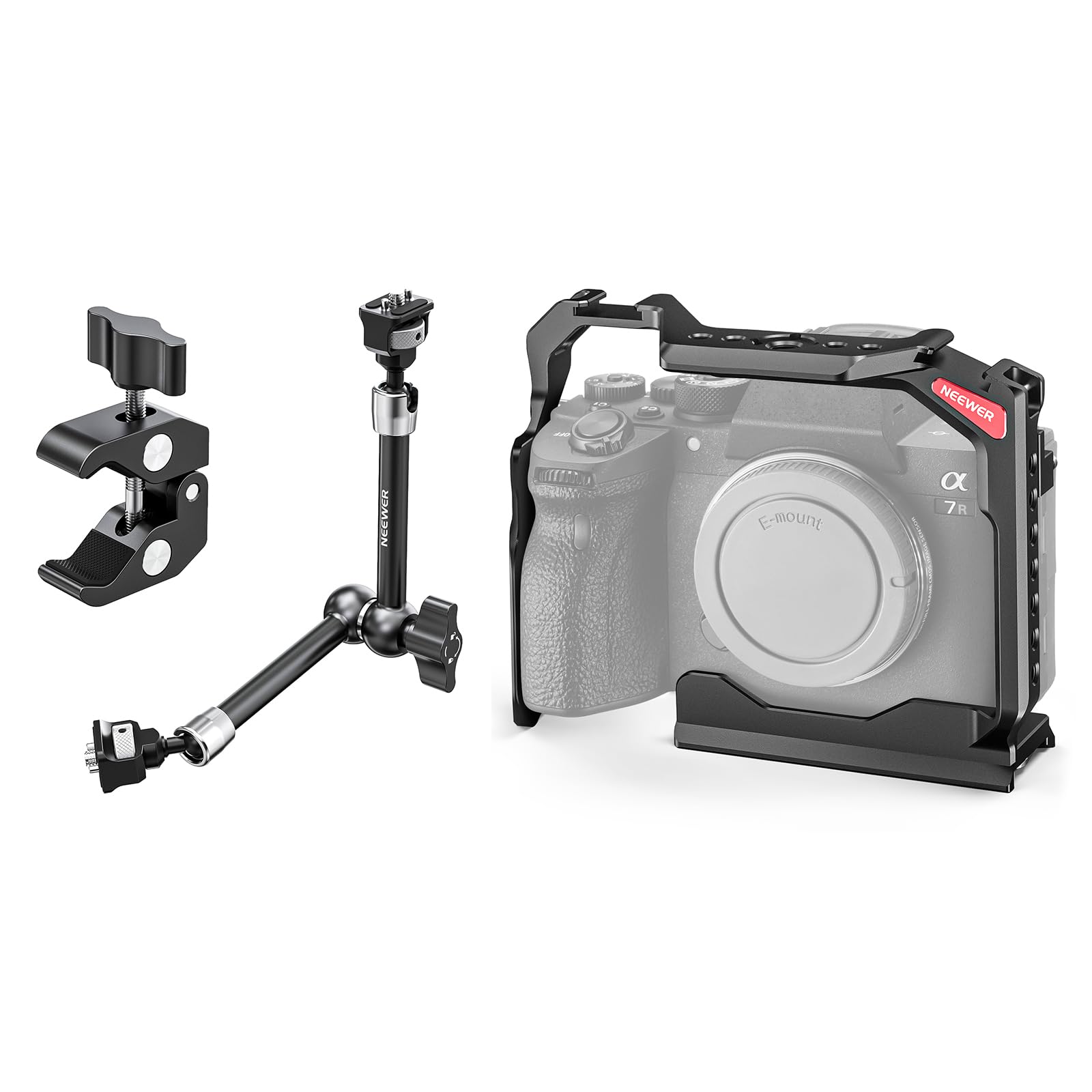 11" Articulating Magic Arm Clamp Mount with Super Clamp, Camera Monitor Mount with 1/4" 3/8" ARRI Locating Pins & Holes, Full Camera Cage Compatible with Sony a7R V/a7R IV/a7 IV Included