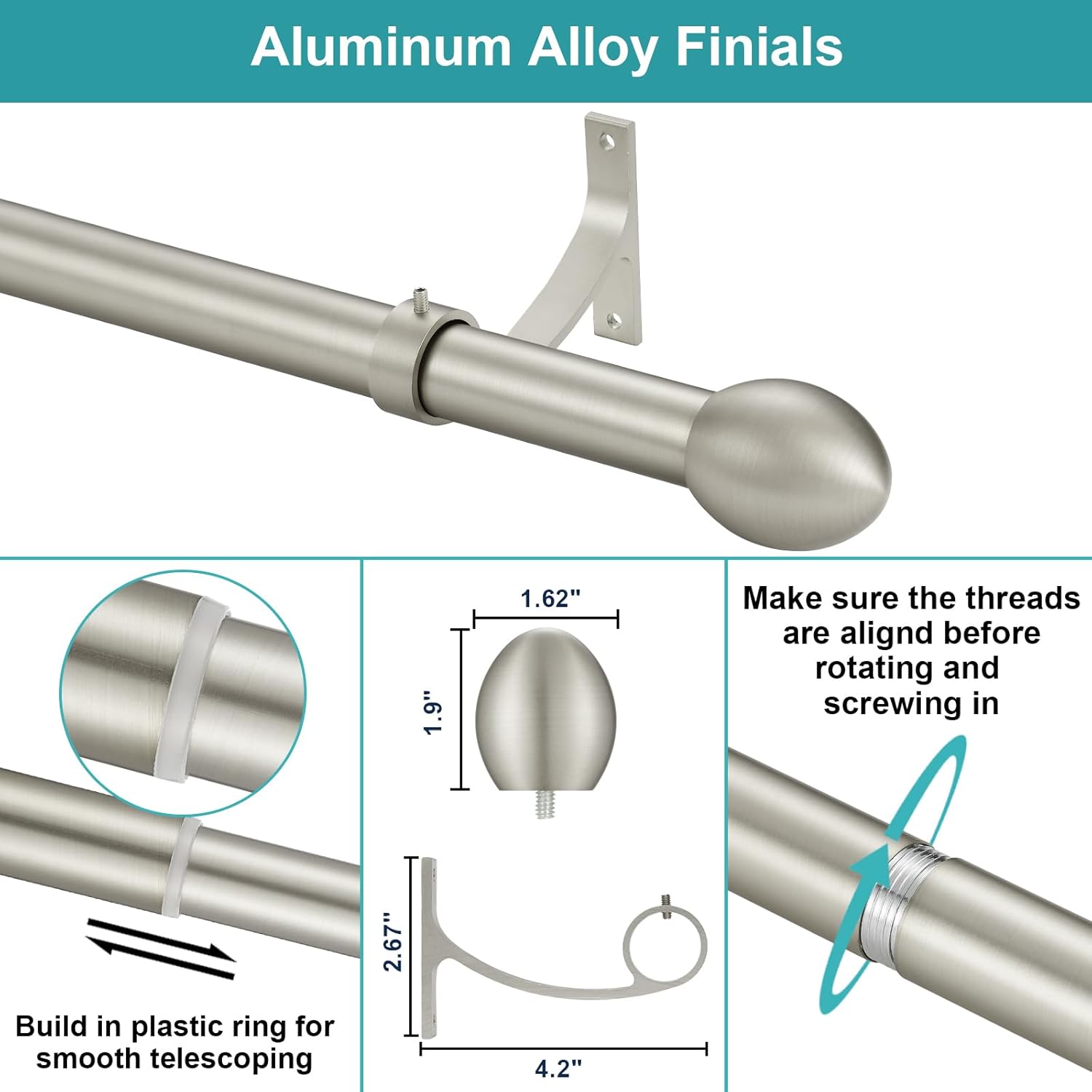 Splicing Curtain Rods for Windows 16-150 inchs,1 Inch Diameter Adjustable Splicing Metal Winbdow Curtain Rod with Aluminum Alloy Finials Brackets