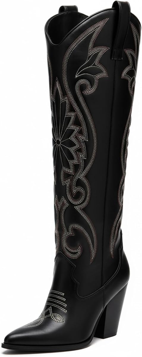 WIRALOMI Western Cowboy Boots for Women, Wide Calf Knee High with Pointed Toe, Thigh High Boots with Embroidered