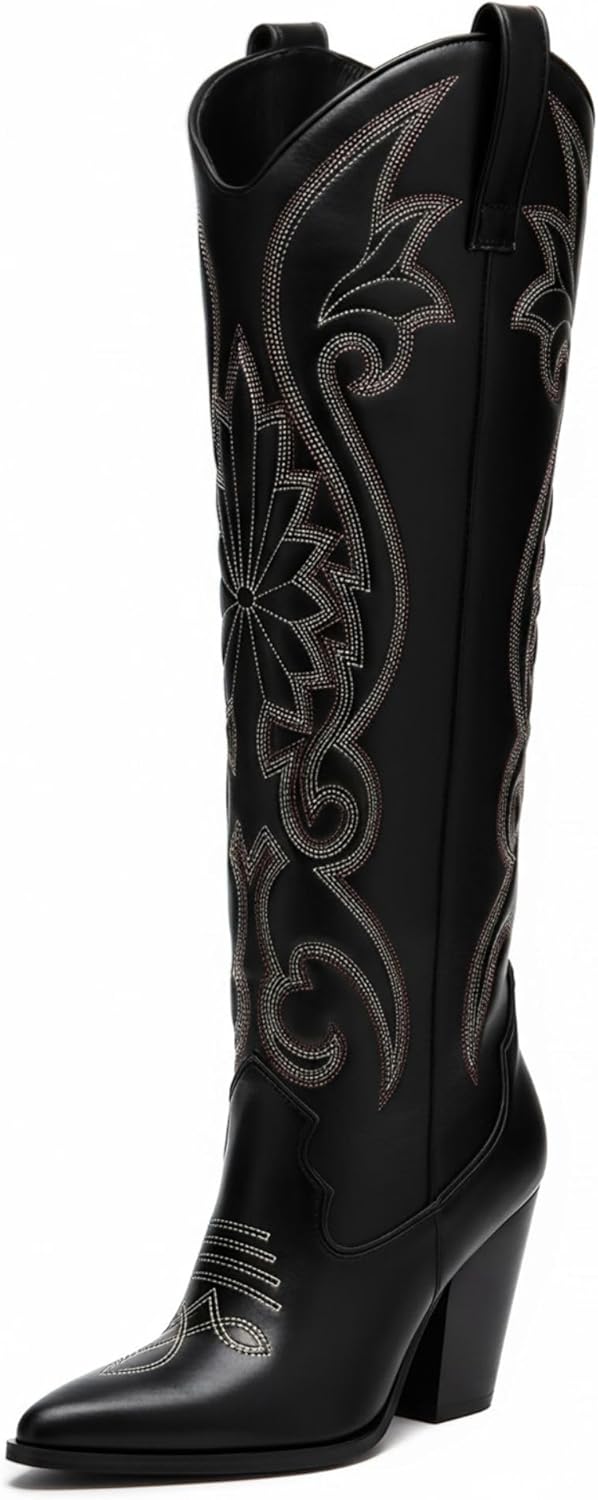 WIRALOMI Cowboy Boots for Women Knee High Cowgirl Boots with Embroidered Chunky Heel Western Tall Boots