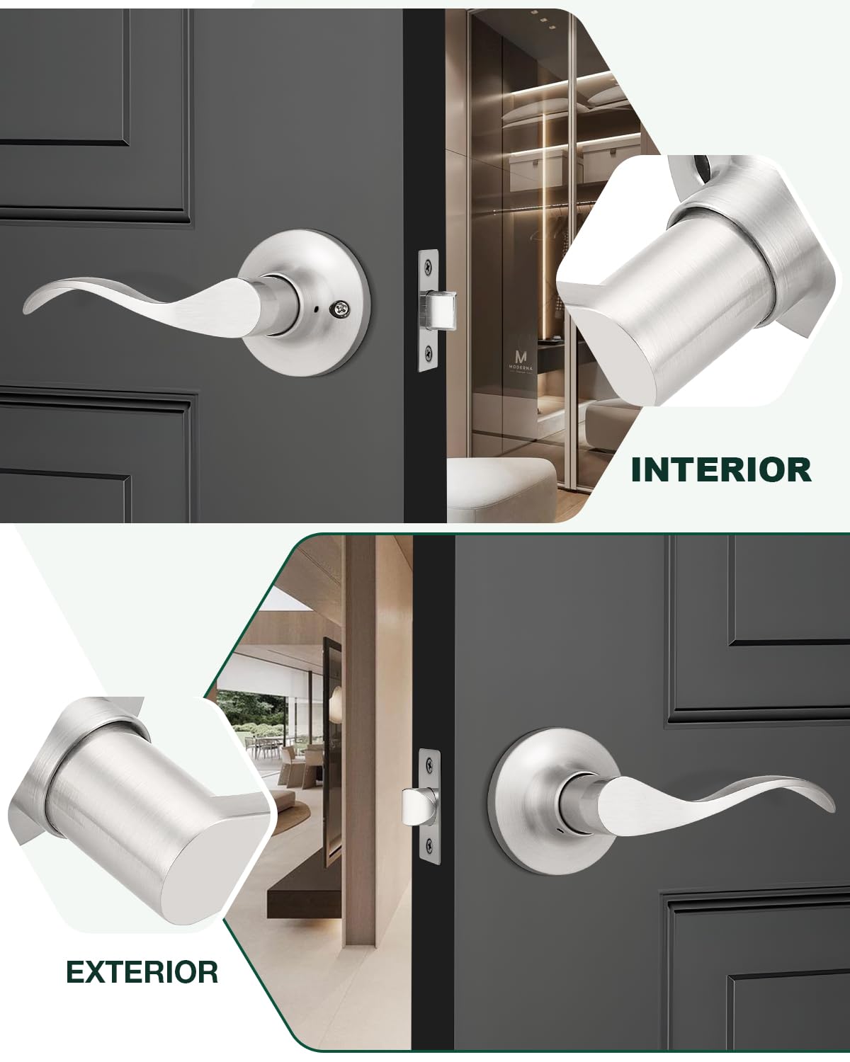 GOBEKOR 5 Pack Brushed Nickel Door Handles Interior,Heavy Duty Passage Door Handles Interior Door Levers For Hallway And Closet, Modern Sleek Round Door Locks Satain Nickel - View #5