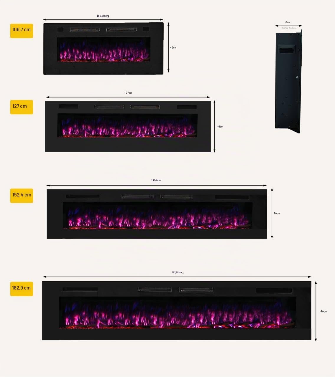 Crystal 72 - Camino elettrico da parete | 183 cm | 3 colori di legni e fiamme | Termostato 750/1500 W | Riscaldamento confortevole| Schermo tattile | Telecomando | Timer