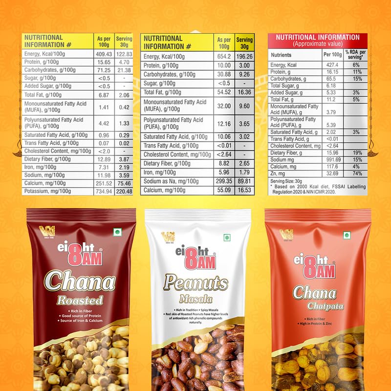 8AM Healthy Snack & Namkeen Combo Pouch, Pack of 9, (Roasted Chana 40g x 3, Chana Chatpata 40g x 3, Peanut Masala 50g x 3), Fiber & Protein Rich Mix Snacks 1