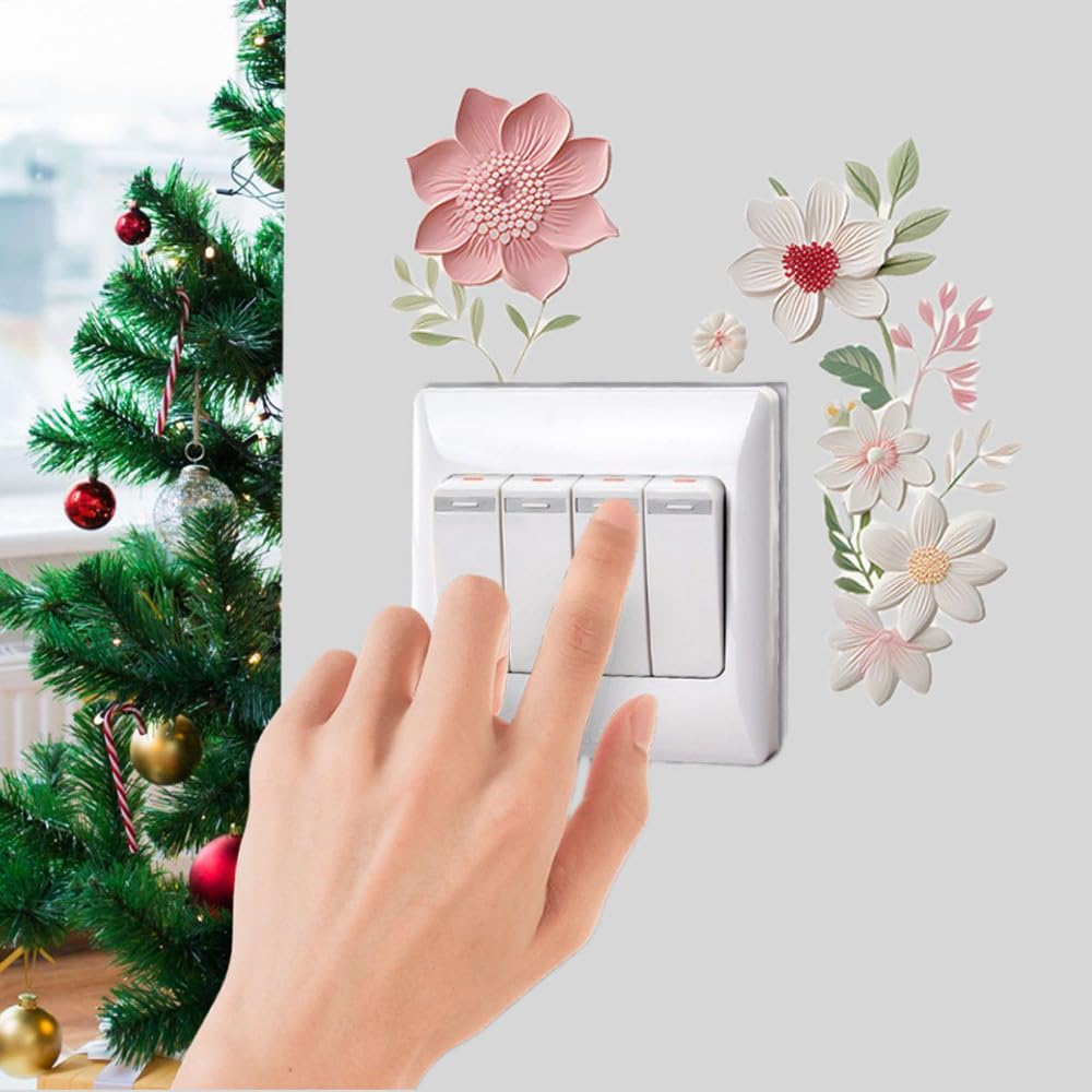 3 Pièces Interrupteu Décoratif Stickers Floral Autocollant en PVC Décoration Murale en Forme de Fleur pour Salon Chambre Salle Bains Cuisine Bureau