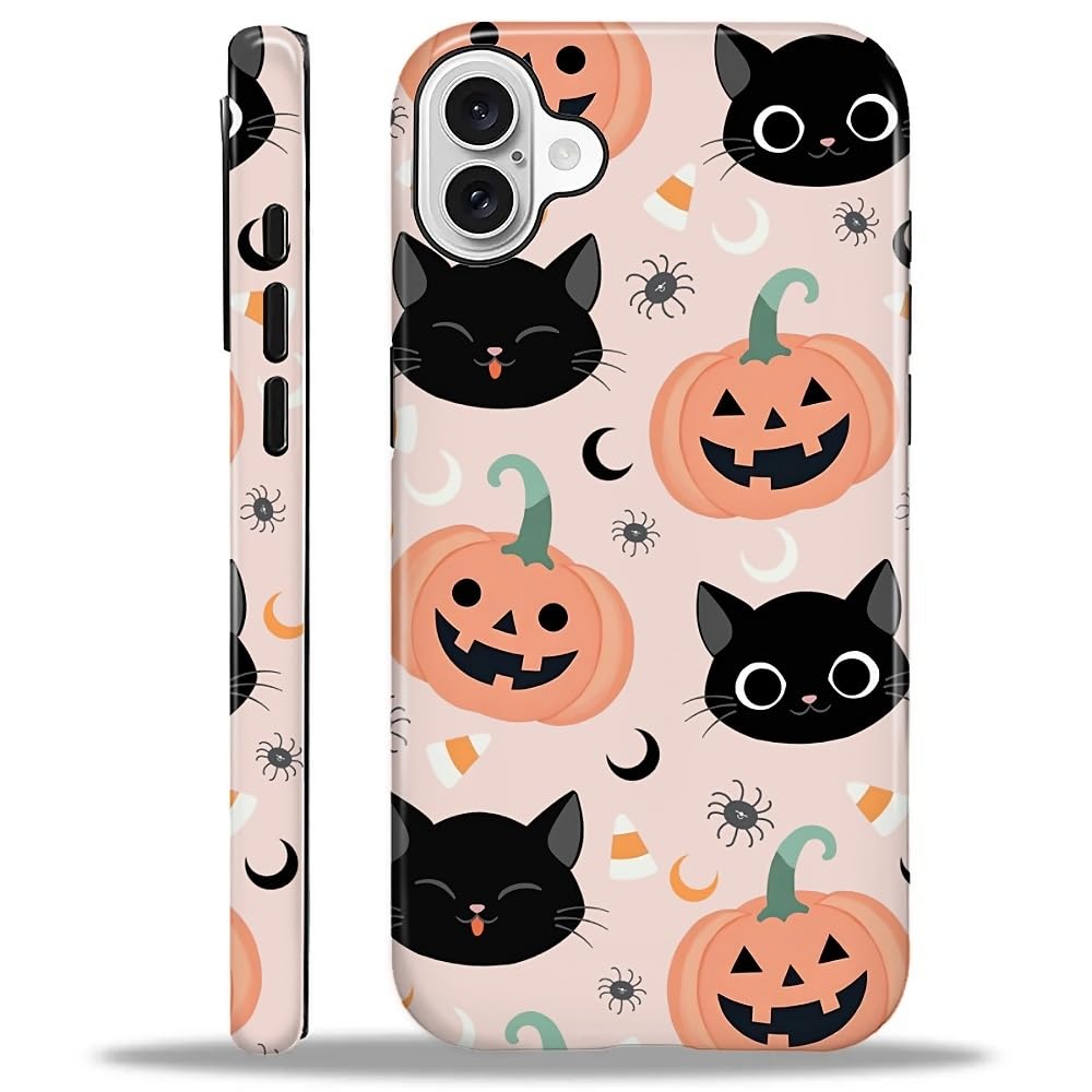 for iPhone 16 Case for Women Girl Men Boy, Compatible with MagSafe, Shockproof Soft Silicone & Hard PC Shell Protective Case for iPhone 16 - Halloween Fall Pumpkin Cute Cat Halloween Fall Pumpkin Cute Cat IPhone 16
